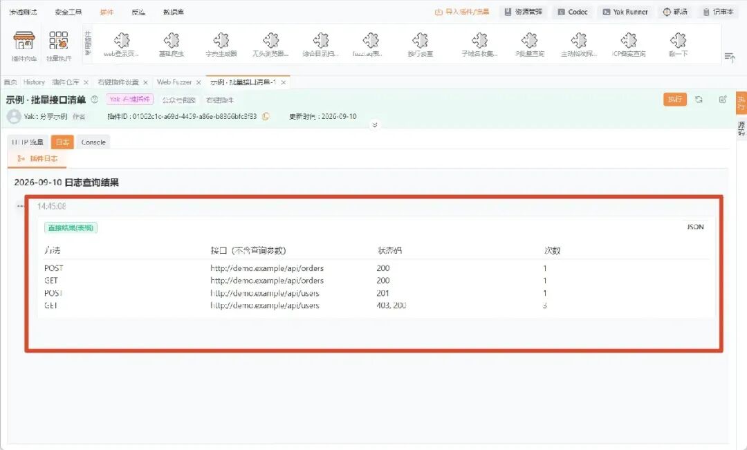 按请求方法与去除查询参数后的接口地址归并,汇总状态码和出现次数